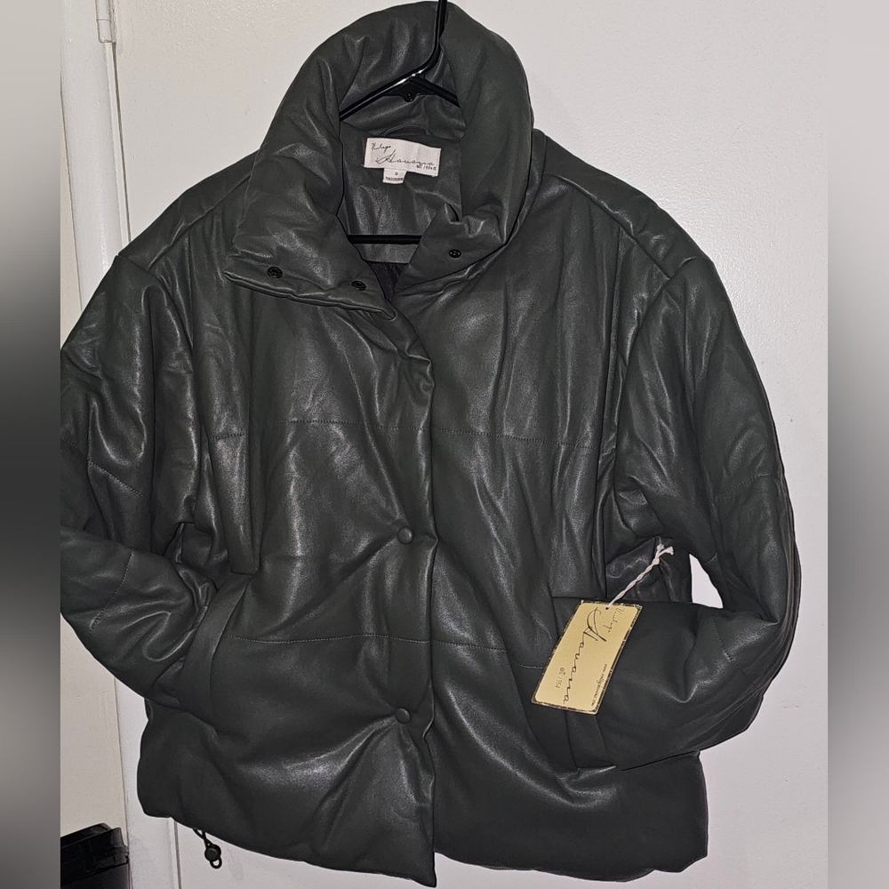 Vintage Havana Faux Leather Puffer Jacket Olive Green Size S Snap Front